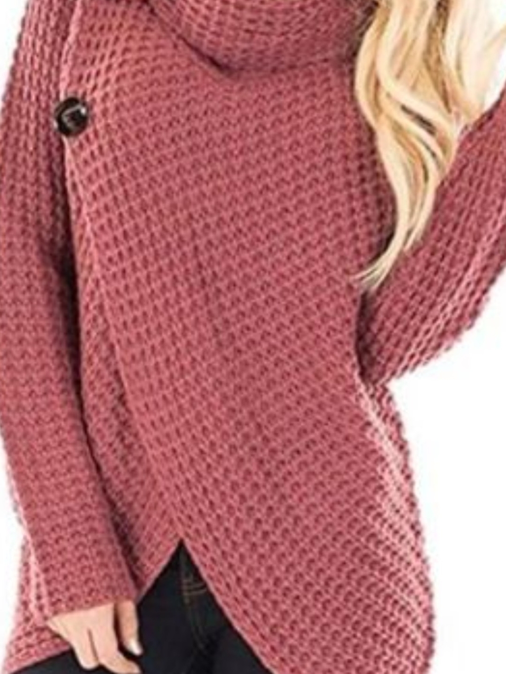 Zenana Outfitters Dusty Rose Waffle-Knit Button Cowl Sweater